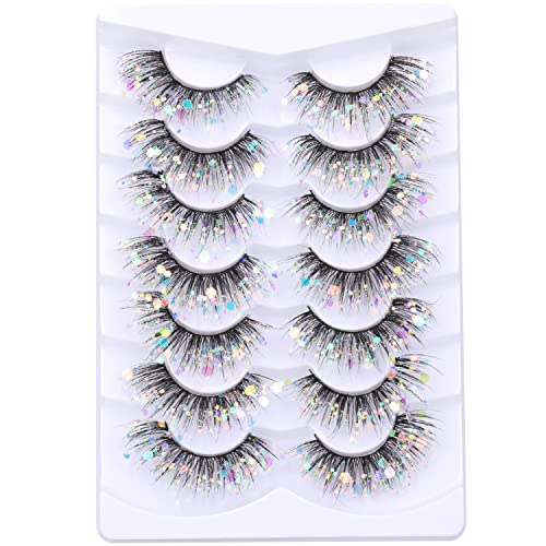 Glitter Lashes Dramatic False Eyelashes with Shinny Glitter Decorative Colored Lashes Glow in the Dark Faux Mink Eyelahses Cat Eye Strip Lashes Pack 7 Pairs