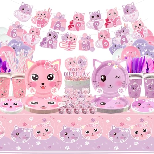 Cat Birthday Party Supplies Set, Kitten Tableware Includes Happy Birthday Banner, Plates, Tablecloth, Cups, Balloon, Spoons and Straws for Kids Cat Party Decorations, Serves 20 Guest (A)