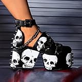 DETOGNI Women's Skulls Spiked Studs Chunky Platform Black Wedges Shoes Punk Gothic Chains Sandals Adjustable Straps Buckles Block Heel Boots