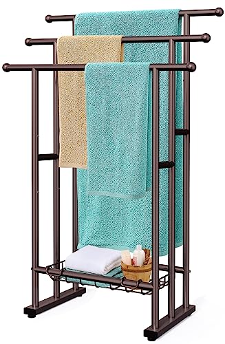 Kayfia 40" Tall Standing Towel Racks for Bathroom, 3 Tier Towel Rack Stand with Storage Basket, Blanket Ladder Drying and Display Rack for Oversized Bath Towel, Next to Tub Or Shower (Bronze)