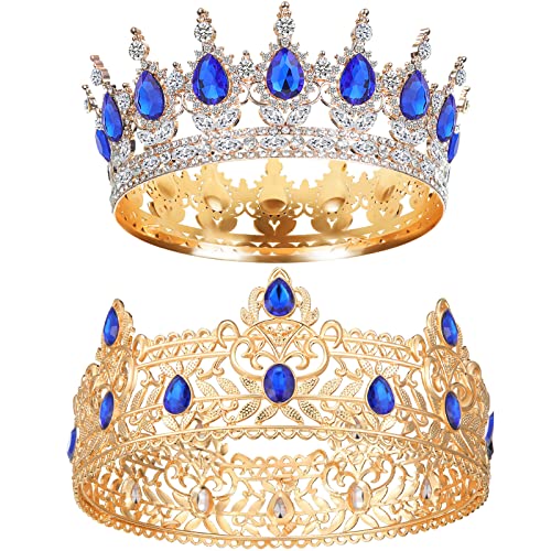 MTLEE 2 Pcs Prom King and Queen Crowns for Men Women King Queen Crowns Tiara with Rhinestone for Wedding Birthday Grad(Blue Gold, Blue Style)