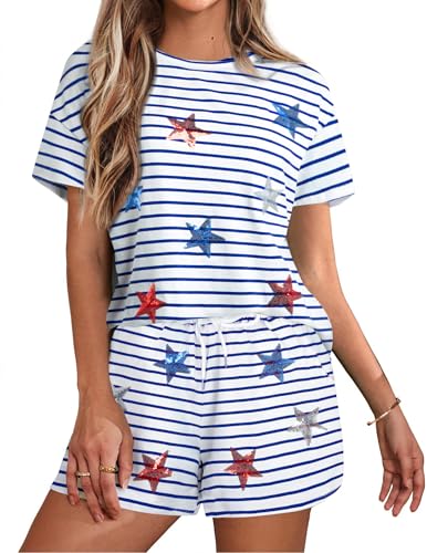 VILOVE 4th of July 2 Piece Sequin Outfits Women Star Stripe Shirts and Short Sets Casual Patriotic Shirt Summer Set