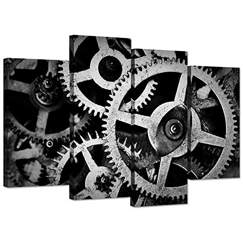 Hello Artwork 4 Panel Canvas Wall Art Mechanical Gear Cogs Old Factory Painting Engineer Team Motivation Inspiration Pictures Print For Modern Home Decor Stretched and Framed Ready to Hang 48x32inch