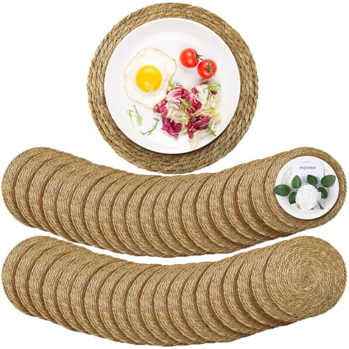 Colingmill 40 Pcs Round Woven Rattan Placemats, 13 Inch Rattan Placemats Natural Straw Hand Woven Farmhouse Round Place Mats for Dining Table Home Wedding Baby Shower Dinner