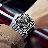 Large Face Square Watches for Men Silver Bezel Chronograph Watches with Black Leather Strap Luxury Three Hands Watch Waterproof Auto Calendar Easy Read Luminous Men's Quartz Watch Reloj De Hombre