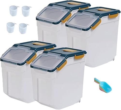 YXQ 25LB Large Flour Storage Container Bin,4 Pack Airtight Plastic with Wheels Seal Locking Lid Dispenser Organizer Storage Bin with Measuring Cup & Scoop for Flour, Rice, Grain 100LBS Total