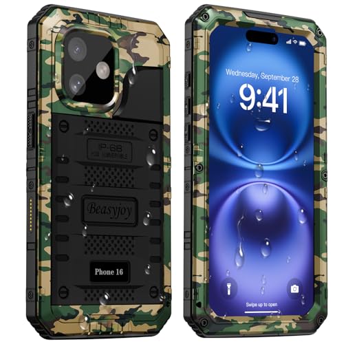 Beasyjoy for iPhone 16 Case Waterproof, Metal Heavy Duty Full Body Protective Case with Built-in Screen Protector, Military Grade Shockproof Dustproof Defender Rugged Cover for iPhone 16 6.1" Camo