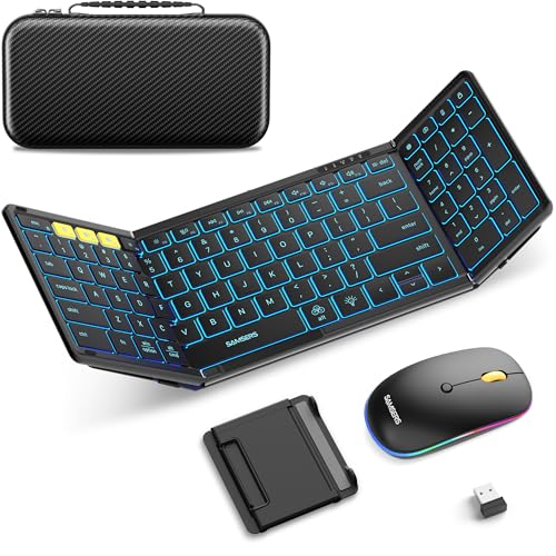 Samsers Foldable Keyboard and Mouse, Folding Bluetooth Keyboard Mouse Combo with Backlight, 2.4G + BT5.0 x 2, Full-Size Travel Keyboard & Portable Wireless Mouse for Windows/Android/iOS/Mac OS, Black