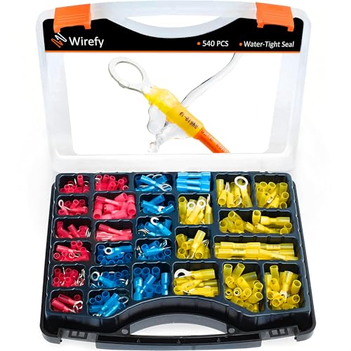 Wirefy Heat Shrink Crimp Connectors Kit - Heat Shrink Wire Connectors - Automotive Wire Connectors Kit - Insulated Ring, Spade, Fork, Hook & Butt Terminal Connectors - 22-10 Gauge - 540 PCS