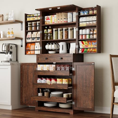 ELYKEN 72" Tall Pantry Cabinet, Kitchen Pantry with Pull Out Drawer, Farmhouse Kitchen Cabinet with Door Shelf, Rustic Brown Wood Freestanding Cupboard for Dining Room