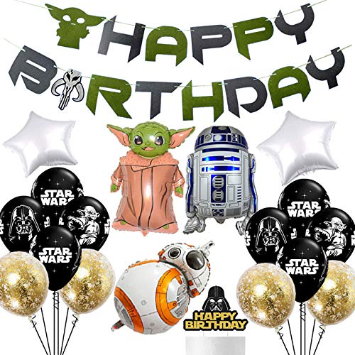 20 PCS Star Wars Birthday Party Supplies Set, Star War Themed Birthday Banner Mylar Balloons Caketopper Kit, Star Wars Bday Decorations for Boys