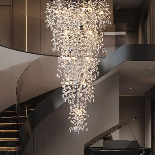 YUYI 118'' Long Crystal Chandelier for High Ceilings, 28-Lights Silver Tree Branch Chandelier, Modern Large Chandeliers for Staircase Foyer Entryway Living Room, Luxury Raindrop Hanging Light Fixture