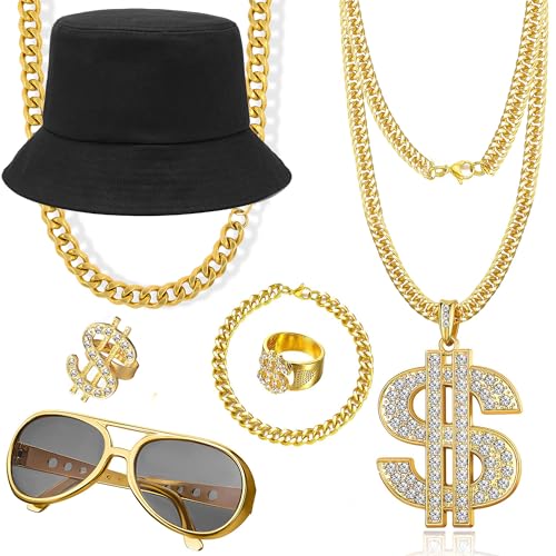 GIFIKOI 90s Hip Hop 80s Costumes Kit for Men Chunky Gold Dollar Sign Necklace Rapper Party Outfits Accessories