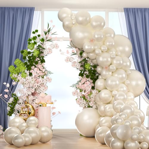 134PCS Pearl White Double-Stuffed Balloons Garland Arch Kit With 600PCS Pearl Stickers,18/12/10/5 inch Different Size Pearl Ivory Balloons for Wedding Bridal Shower Engagement Decorations