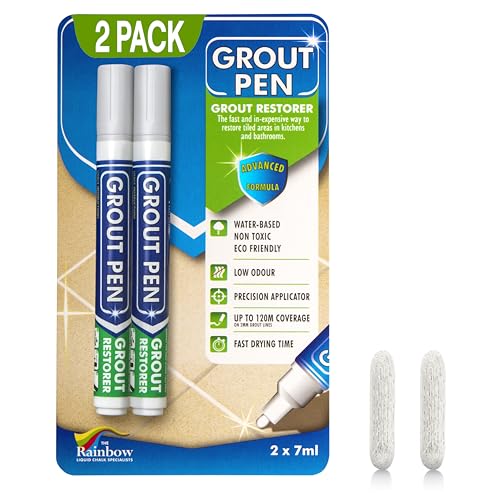Grout Pen Light Grey Tile Paint Marker: Waterproof Grout Paint, Tile Grout Colorant and Sealer Pen - Narrow 5mm, 2 Pack with Extra Tips (7mL) - Light Grey