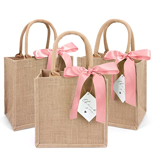 6 Pack Burlap Tote Bags with Handles Reusable Small Jute Gift Bags with Pink Silk Ribbons Waterproof Lining for Wedding Bridesmaid Mother's Day Bachelorette Beach Party