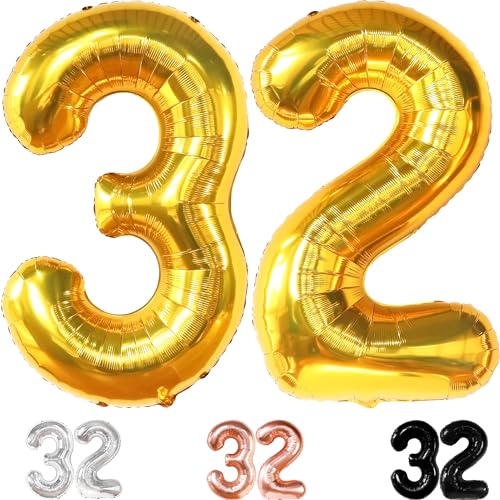 KatchOn, Giant Gold 32 Balloon Numbers - Huge, 40 Inch | 32 Gold Balloon Numbers | 32 Birthday Decorations for Women | Birthday 32 Baloons | Number Balloons for Anniversary Party