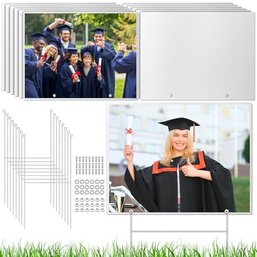 CraftyDream 12 Pack 16 x 12 Inches Sublimation Aluminum Blank Yard Signs with Metal Stakes Heat Transfer DIY Photo Signs for Graduation Wedding Party Outdoor Decorations, White 0.03'' Thickness