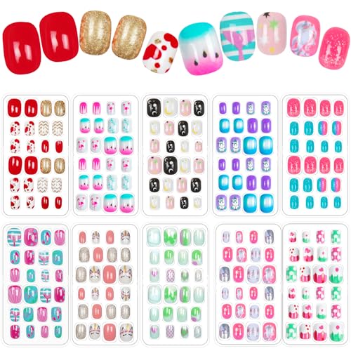 240 Pieces Fake Nails for Kids Girls Artificial Kids Press on Nails Full Cover Short Acrylic Stick On Nails False Nail Tips Kit for Children Little Girls Nail Art Decoration (Gradient Pattern) (Chic)