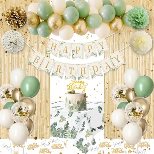 Sage Green Birthday Decorations, Olive Green Gold White Sand Balloons Happy Birthday Banner Tablecloth Gold Fringe Curtain Paper Pom Poms for Kids Women Men Girls Boys Bday Party Decor