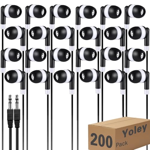 Yoley 200 Packs Classroom Earbuds Bulk Headphones for Kids School Students Children, Wholesale Class Set Durable Earphones, Individually Bagged (200 Black)
