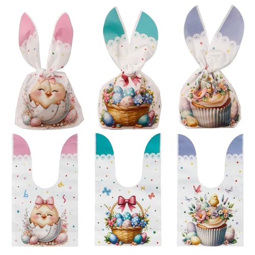 Easter Treat Bags, 100 PCS Easter Gift Bags, Easter Candy Bags, Easter Goodie Bags, Rabbit Ear Shape Plastic Easter Cookie Bags Snack Bags Goody Bags for Kids Easter Party Favor Supplies, 3 Styles