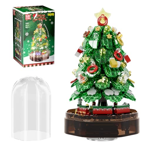 Mould King DIY Christmas Tree, Tabletop Xmas Tree Building Kits with Music Box and Display Case, Mini Green Christmas Tree with Light, Christmas Decorations for Home and Office, 10090, 688Pcs