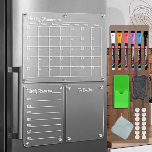 LCPCX Acrylic Magnetic Dry Erase Board for Fridge，Set of 3 Transparent Planning Boards for Monthly Calendar, Weekly Includes 6 Dry Erase Markers, 1 Eraser and Magnetic Pen Holder