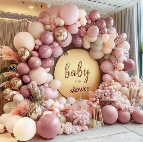 Dusty Pink Rose Balloon Garland Double Stuffed Mauve Light Pink Latex Blush Nude Beige Champagne Gold Balloon Arch Kit for Boho Birthday Baby Bridal Shower Neutral Wedding Party Decor