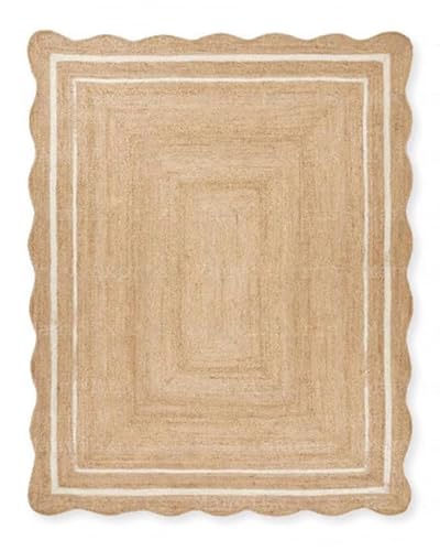 Chouhan Natural Jute Scalloped Bohemian Decor Handwoven Custom Decorative Rug (BD1) (8x10 ft-WHT)