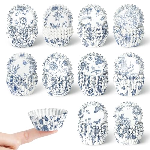 COcnny Flower Mini Cupcake Liners - 600pcs Blue and White Floral Baking Cups Muffin Paper Cupcakes Wrappers for Birthday, Candy Cake Chocolate Wrap Making Supplies for Baby Shower Birthday (10 Styles)