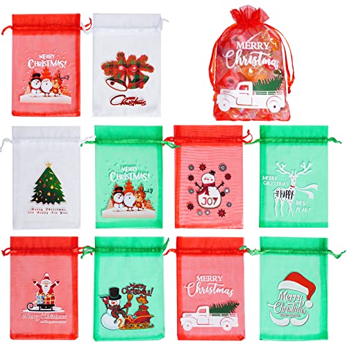 choyaxo 100PCS Christmas Organza Bags Santa Christmas tree Print Satin Drawstring Candy Jewelry Bags for Christmas Drawstring Gift Bags 4 x 6 Inches/10 * 15cm, 10 Styles