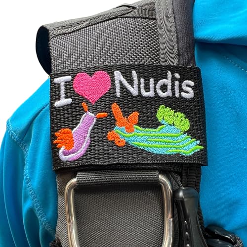 Custom Embroidered Scuba BCD Tag - Scuba Diving Gear Label Gift for Divers by Rinn Stitches - I Heart Nudis Design