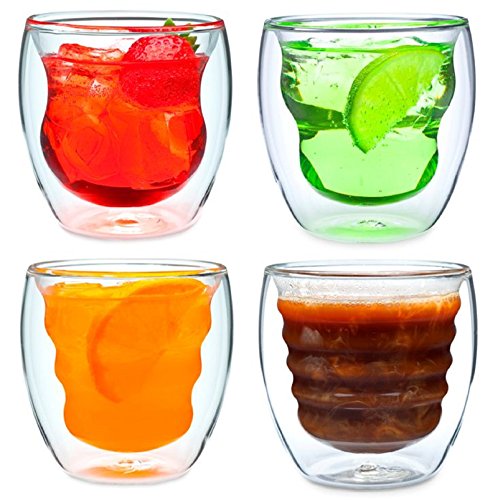 Curva Artisan Series Double Wall Beverage Glasses and Tumblers – Set of 4 Unique 8 oz Thermo Insulated Drinking Glasses