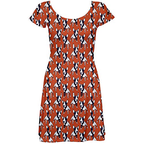 CowCow Red Cartoon Bull Terrier Pattern Short Sleeve Skater Dress, Red-XL