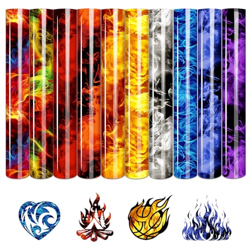 Tintnut Colorful Flame HTV Heat Transfer Vinyl-12 x10 10 Sheets Burning Fire Patterned HTV Iron on Vinyl Fire Heat Transfer Vinyl for T-Shirts Hats Clothing DIY