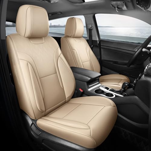 FEINEPRO Beige Car Seat Covers Full Set - Breathable Faux Leather Universal 5 Seat Covers for Cars, Automotive Protector Fit for Most Sedan SUV Pick-up Truck