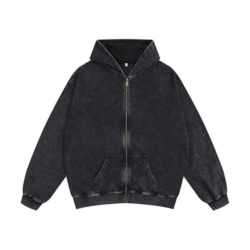 Dynict Men's Zip-Up Hoodies Solid Hip-Hop Y2K Oversize Wash Old Craft Basic Hoodies Heavyweight Casual Fit Sweatshirt (Black,Large)