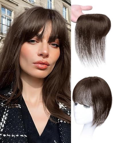 Hair Toppers for Women Real Human Hair, Bangs Hair Clip 360°3D Cover Clip on Bangs for Women Fake Bangs for Daily Wear (10 Inch Dark Brown)