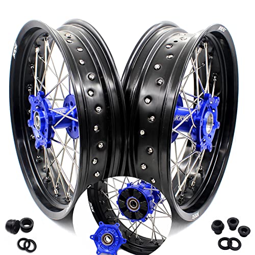 KKE 3.5/4.25 Dirt Bike Supermoto Cush Drive Wheels, Rims Compatible with SUZUKI DRZ400, DRZ400S 2000-2023, DRZ400E 2000-2007, DRZ400SM 2005-2023 Blue Hub