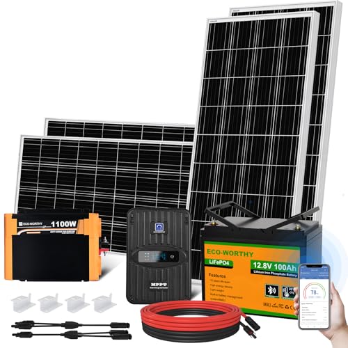 ECO-WORTHY 1.6KWH Complete Solar Panel Kit 400W 12V for RV Off Grid: 400W Solar Panels + 40A MPPT Charge Controller +12V 100Ah Lithium Battery + 1100W Solar Power Inverter + Bluetooth Module