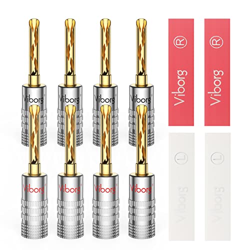 Viborg 4Pairs Hi-end Banana Plug Connectors 24K Gold-Plated HiFi Audiophile Speaker Jack Terminals Dual Screws Locking or Soldering for Wires (Suit 8-16 AWG, With Tubing)