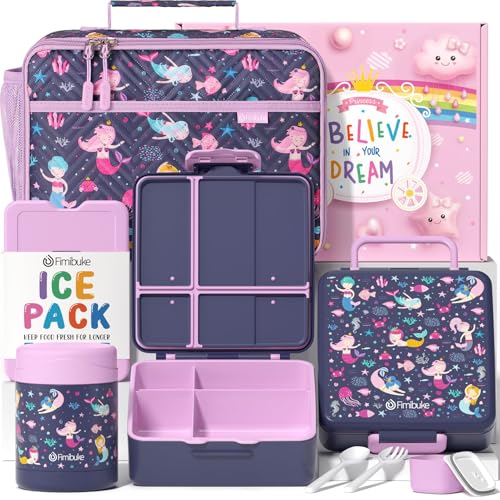 Fimibuke Kids Bento Snack Lunch Box with 4 Compartment, Insulated lunch Bag, Stainless Steel Vacuum Thermos Food Jar, Ice Pack, Utensils Set, Birthday Gift for Age 3-12 Back to School Toddler Girl Boy