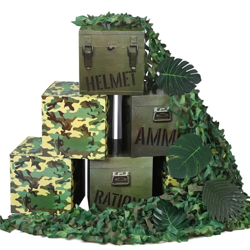 JellyArch 19 Pcs Camo Boxes Decor Army Party Decorations Including Camo Boxes Camo Netting and Palm Leaves for Hunting Military Army Military Enthusiasts Jungle Camo Party Birthday Party Supplies