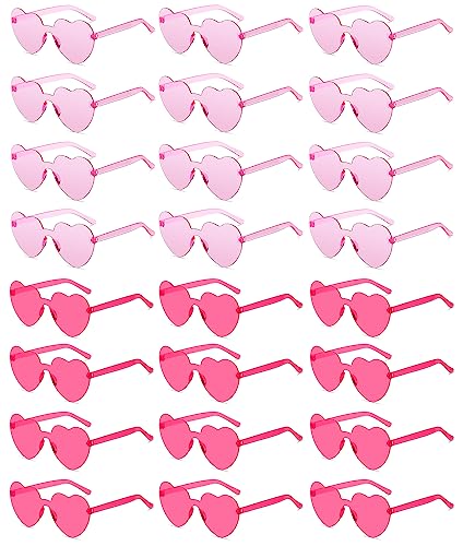 Colrea 24 Pairs Heart Sunglasses for Women Men, Trendy Heart Shaped Rimless Transparent Sunglasses, Colorful Frameeless Glasses, Bachelorette Party Favors