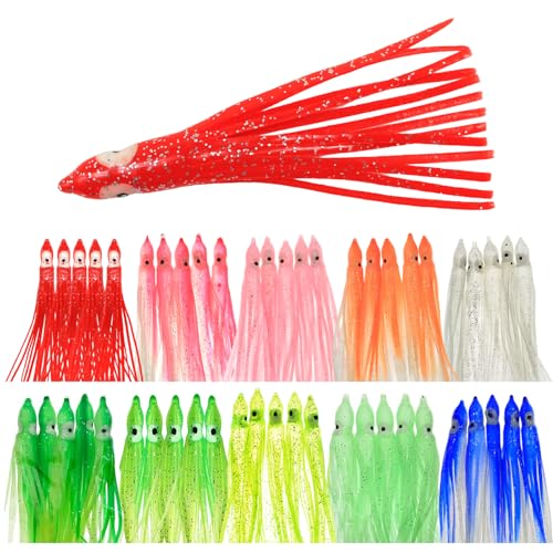 FREGITO 50pcs The Dark Octopus Soft Lures Fishing Bait,UV Reactive Squid Lures for Saltwater Freshwater, Slow Sinking Flexible Tentacles for Bass Trout Crappie