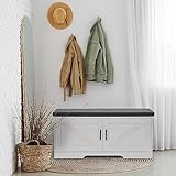 HOMSHO 2-Tier Storage Bench, Shoe Bench with Padded Seat Cushion, Entryway Bench with 2 Barn Doors, Adjustable Shelf, 13.8" D x 39.4" W x 17.7" H, for Entryway, Living Room, Bedroom, White