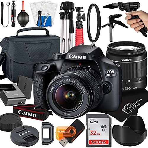 Canon EOS 4000D / Rebel T100 DSLR Camera with 18-55mm Lens + Platinum Mobile Accessory Bundle Package Includes: SanDisk 32GB Card, Tripod, Case, Pistol Grip and More (21pc Bundle), Black (Renewed)