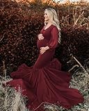 Saslax Long Chiffon Sleeve Tired Mermaid Maternity Dress for Photoshoot Photography Baby Shower Burgundy 12 Medium