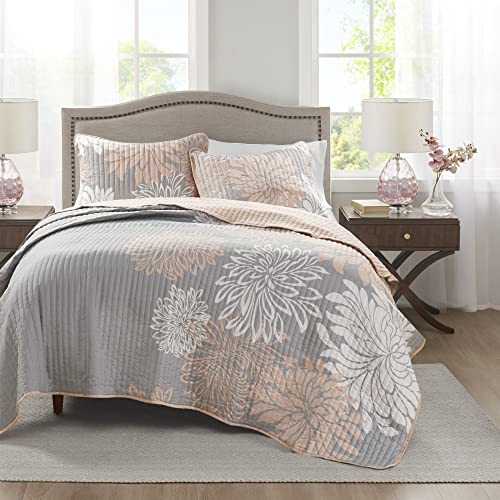 Comfort Spaces Enya Quilt Set - Casual Floral Print Channel Stitching Design, All Season, Lightweight Coverlet, Cozy Bedding, Matching Shams, Decorative Pillows, King(104 in x 90 in), Blush 3 Piece